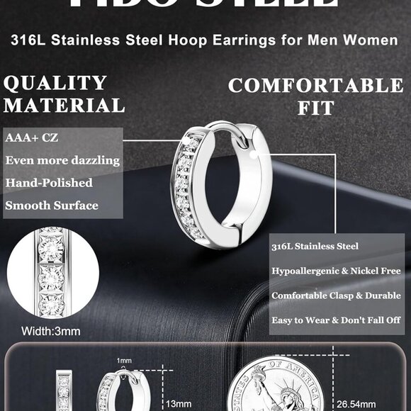 Hypoallergenic Gold/Black/Silver Hoop Earrings with Cubic Zirconia - Unisex - Picture 2 of 8